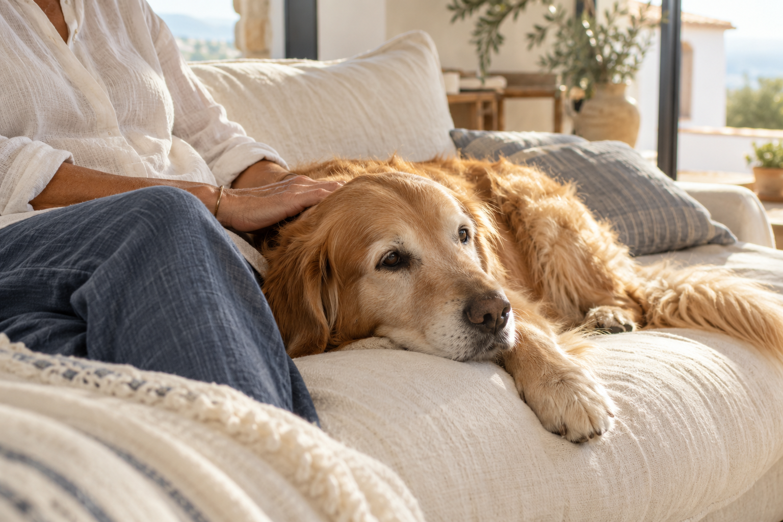 An older golden retriever resting beside their owner, with a hand gently on their head