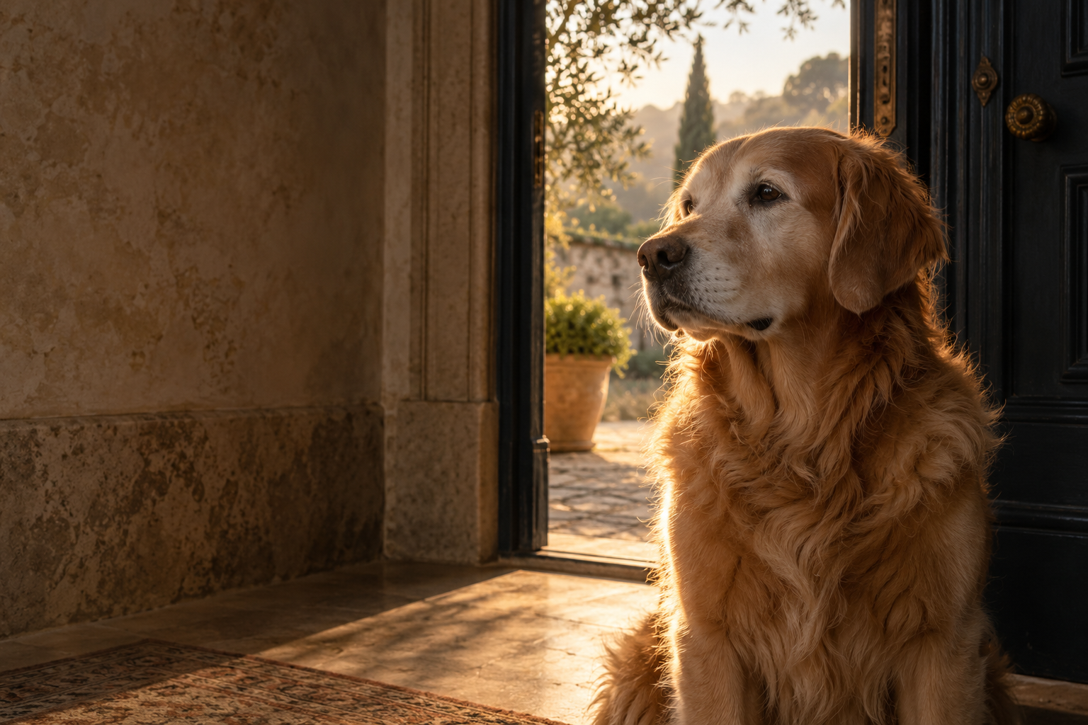 A golden retriever waiting in the soft afternoon light of an open doorway
