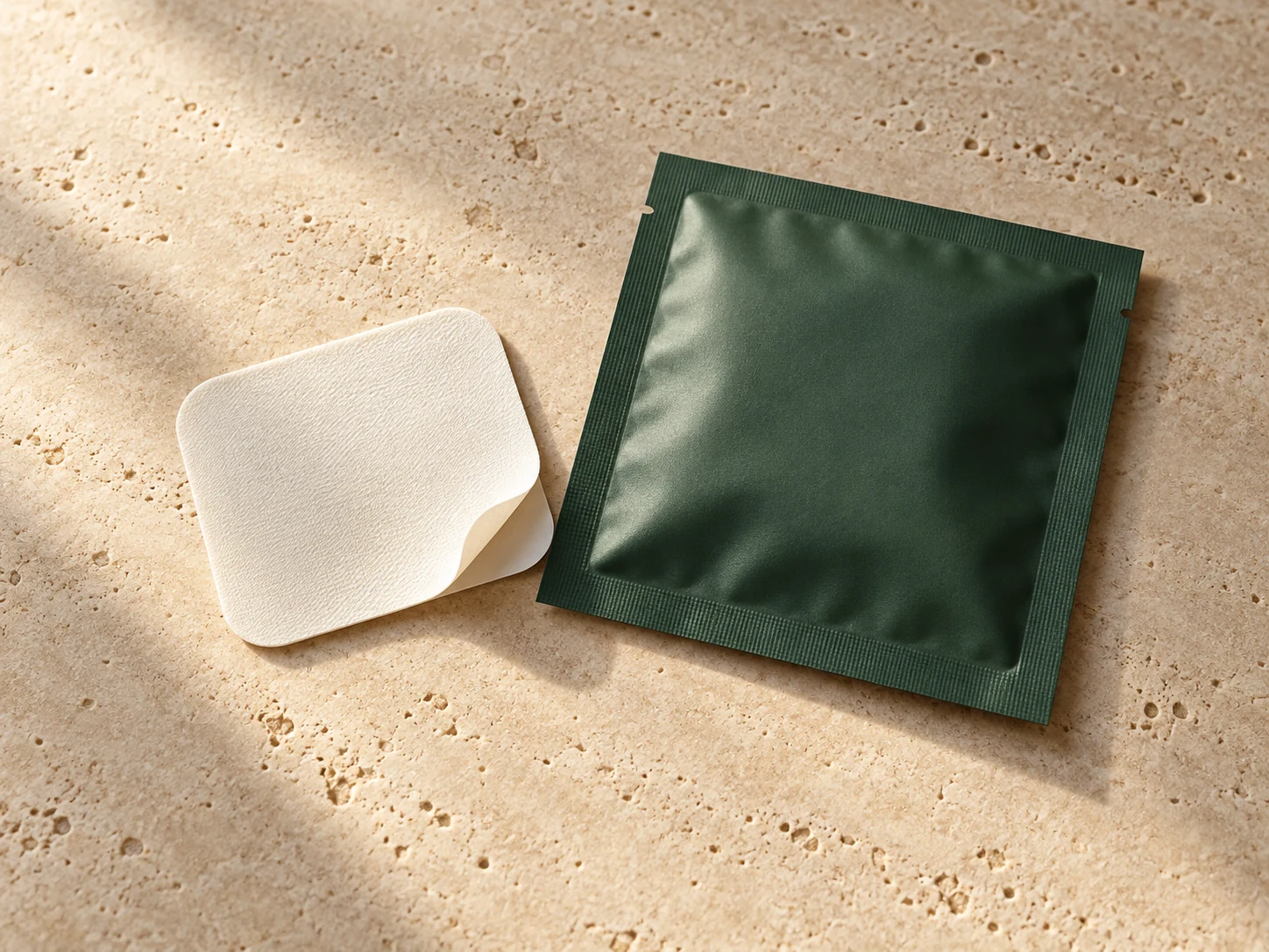 Illustrative ivory fabric patch with a green sachet on a pale stone surface